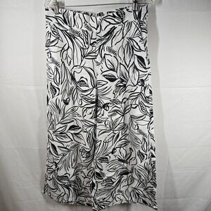 Adrian Sirkis New York Womens Linen Pants Size L Wide Leg Monochrome Leaf‎ Print